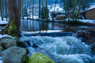 serene winter scene with fast-flowing river cutting through snow-covered forest, moss-covered tree trunks lining banks, and distant houses nestled in background, Environmental harmony, Natural power