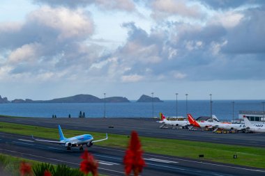 TUI Boeing 737 MAX kalkışı Madeira Uluslararası Funchal Havaalanı, Preussag AG uçağı, havacılık endüstrisi ve seyahat, havacılık, havaalanı sahnesi, Madeira, Portekiz - 8 Ocak 2025
