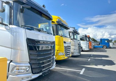 Row modern DAF kamyonları, beyaz sarı gümüş ve mavi taksiler, ticari nakliye araçları, ağır görev lojistik filosu, nakliye endüstrisi, lojistik, Frankfurt - 29 Ağustos 2025