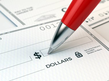 Banka çeki dolduruyor Kırmızı kalem Closeup - 3d render