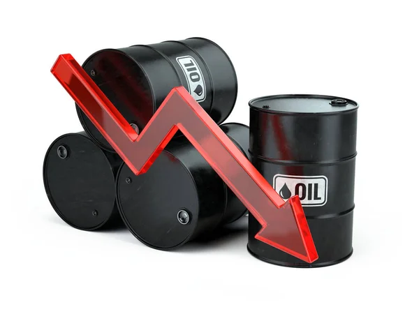 Πτώση τιμή του πετρελαίου-μείωση του βέλους προς τα κάτω και ολόκληρα βαρέλια απομονώνονται σε λευκό. απόδοση 3D — Φωτογραφία Αρχείου
