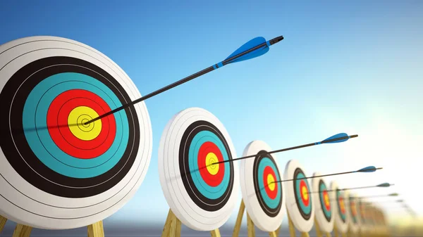 Pijlen raken de centra van targets-succes business concept. 3D renderen — Stockfoto