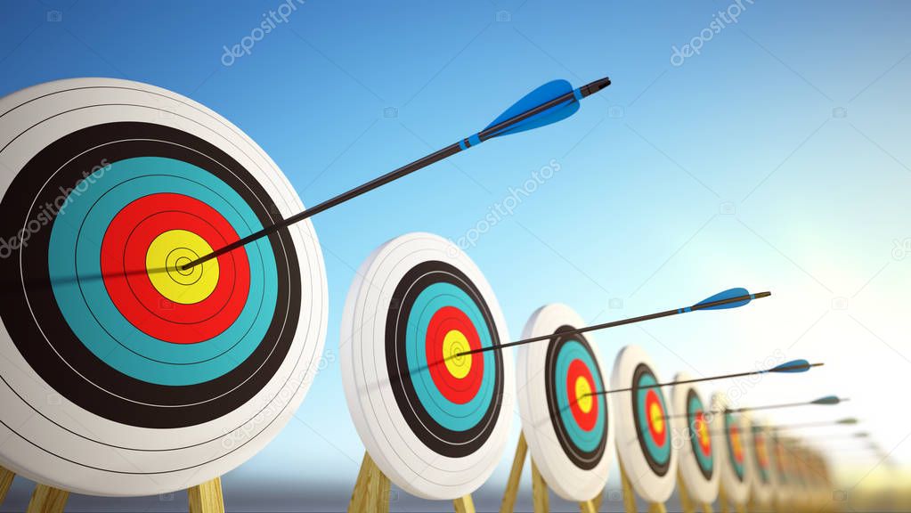 Arrows hitting the centers of targets - success business concept. 3d render