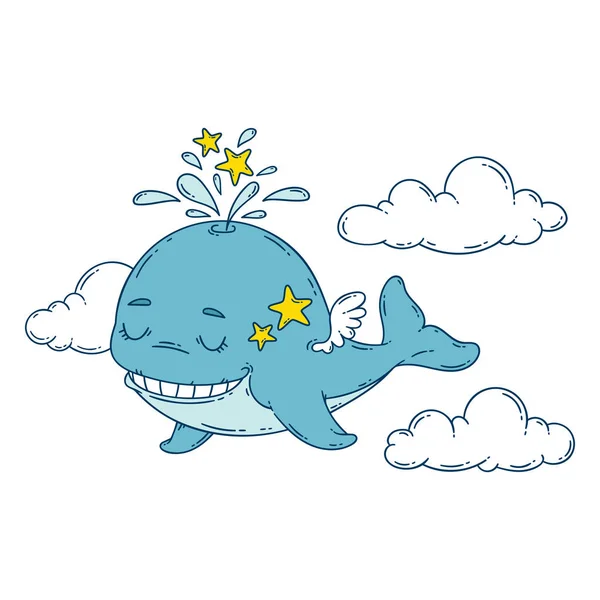 Una Ballena Con Alas Cielo Con Estrellas Ilustración Vectorial Aislada — Vector de stock