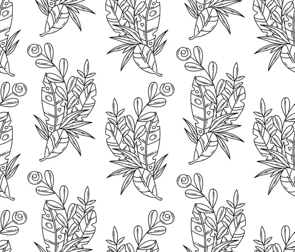 Balck Vectoriel Motif Blanc Sans Couture Feuilles Tropicales Fleurs — Image vectorielle