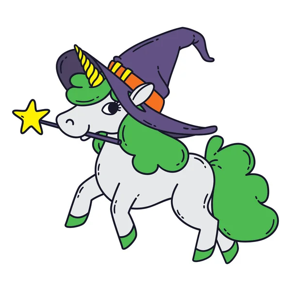 Halloween Einhorn Mit Zauberstab Hexenhut Und Grüner Mähne Niedlichen Doodle — Stockvektor