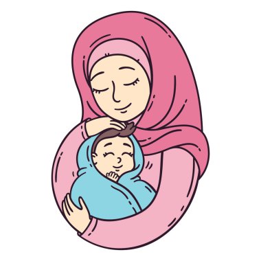 Müslüman anne holding bebek. En iyi anne. Güzel bir anne şirin bebek tutar. Beyaz arka plan üzerinde izole vektör çizim.