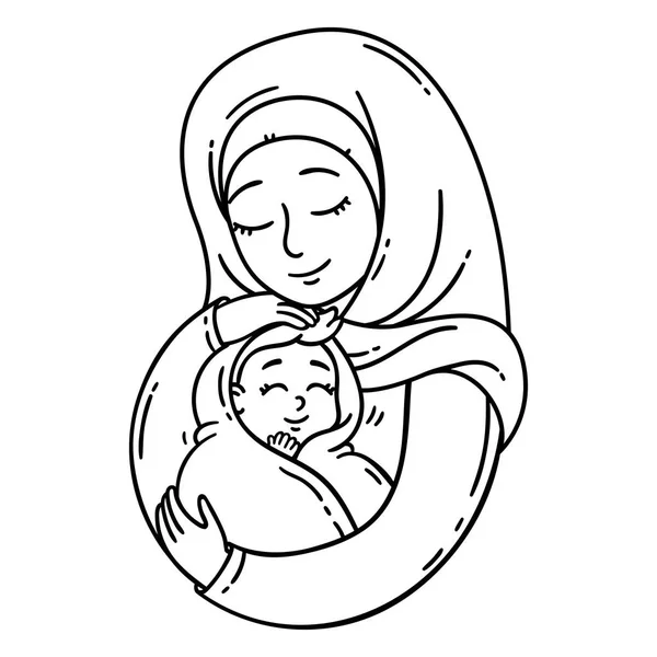 穆斯林母亲抱着孩子 最好的妈妈一个漂亮的母亲抱着可爱的宝宝 在白色背景上隔离的矢量黑白插图 着色插图 — 图库矢量图片