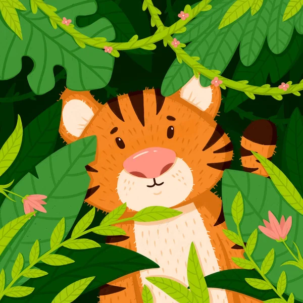 정글에서 귀여운 호랑이 아동도 그림입니다 포스터에 — 스톡 사진