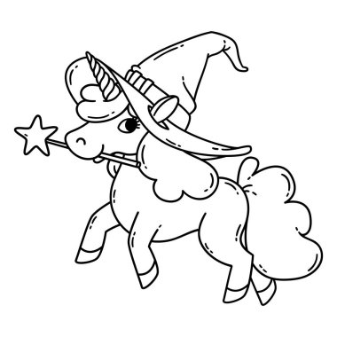 Cadılar Bayramı unicorn ile sihirli değnek ve cadı şapka.