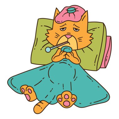Sickening cat with thermometer under the blanket. clipart