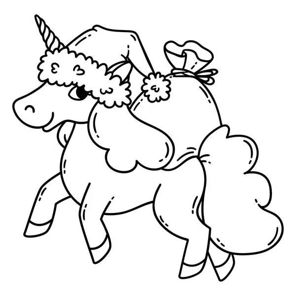 Christmas unicorn med en Tomtemössa och en påse med presenter. — Stockfoto