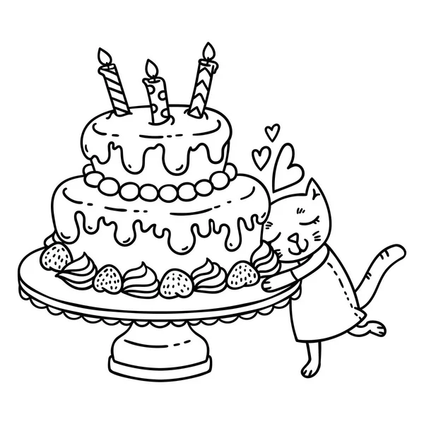 Tort urodzinowy z świeca i ładny kot. — Zdjęcie stockowe