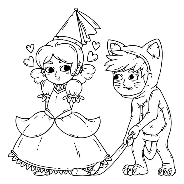 Jongen en meisje in halloween kostuums prinses en kat. — Stockfoto