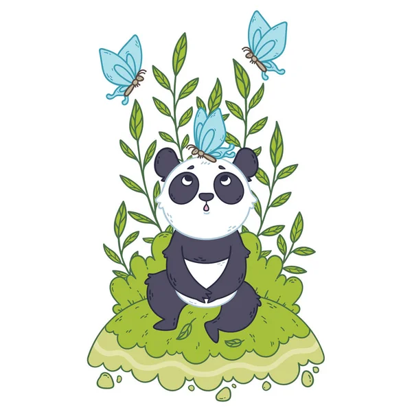 Mignon petit ours panda assis dans une prairie et des papillons bleus — Image vectorielle