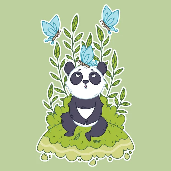 Mignon petit ours panda assis dans une prairie et des papillons bleus — Image vectorielle