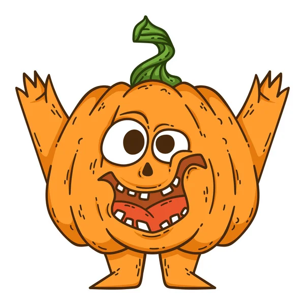 Halloween citrouille souriante avec les mains, les jambes et le chapeau de sorcière . — Image vectorielle