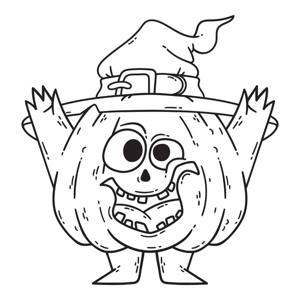 Abóbora sorridente de Halloween com mãos, pernas e chapéu de bruxa . — Fotografia de Stock