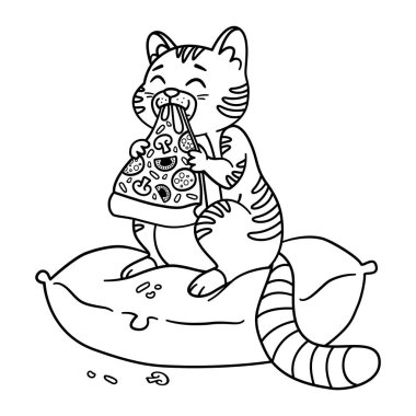 Pizza dilimi olan kedi.