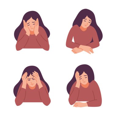 Bir kadın baş ağrısı çekiyor. Kız kaygı ve depresyon hissediyor. Psikolojik sağlık konsepti. Gerginlik, ilgisizlik, üzüntü, üzüntü, mutsuz, çaresiz, migren. Düz vektör illüstrasyonu.