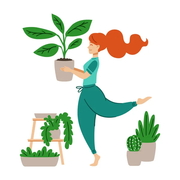 红头发的女孩手里拿着花盆跳舞 一个女人照顾家庭植物 疯狂的植物女士 在家工作 平面卡通风格的现代矢量插图 — 图库矢量图片