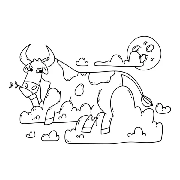 Vache Reposant Sur Les Nuages Regardant Lune Détends Toi Rêve — Image vectorielle