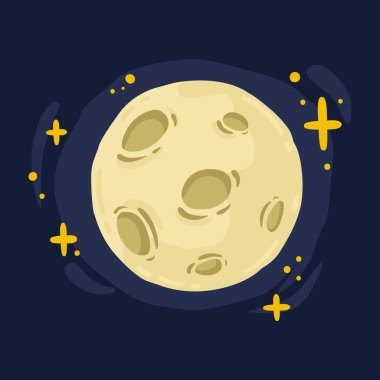 Dolunay kraterleri ve parlak yıldızların etrafındaki desenleri ile mavi gece gökyüzünü büyülüyor. Bilim astronomisi Dünya uydusu uzayda. Vektör illüstrasyonu arkaplanda izole edildi.
