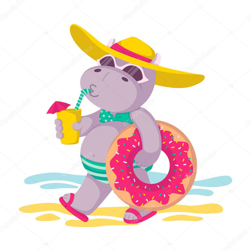 Hippo in a hat and sunglasses, with donut inflatable circle and a drink in hand goes to the beach. Summer mood, sea, sun. Vector children illustration isolated on white background.