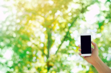 hareket eden bir smartphone parkta tutan el. telefon bağımlılığı, sosyal ağlar. Internet üzerinde çalışma. mesajı yazın. güneşli bir gün. Doğa, açık hava. yakın çekim, metin için yer.