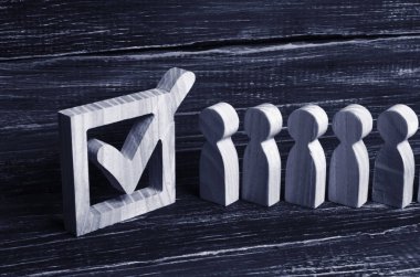 İnsan canlı çizgi birlikte bir onay kutusunda duruyor. Seçimler ve sosyal teknolojileri kavramı. Gönüllüler, partiler, adaylar, seçim electorates. İnsan hakları