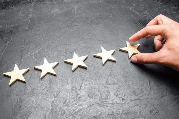 Businessman Hand Suit Holds Fifth Star Get Fifth Star Concept — Stock Photo, Image