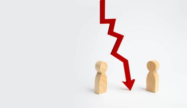 Ahşap kırmızı grafik ok aşağı durumda tartışırken iki kişi böler. Fesih ve ilişkileri arıza, kırma bağlıyor. Sözleşme sonu, çatışması. İş adamları anlaşmalarına.