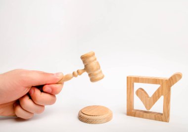 Ahşap onay işareti ve bir çekiç hakimin beyaz zemin üzerinde. Bir yargıç, bir Anayasa Mahkemesi seçim atanması. referandum ve seçimler. Hükümet seçimleri üzerinde kontrol.
