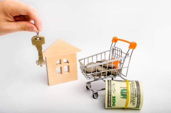 Property investment and house mortgage financial concept. buying, renting and selling apartments. real estate. keys, dollars, wooden house and Supermarket trolley. credit. services of a realtor