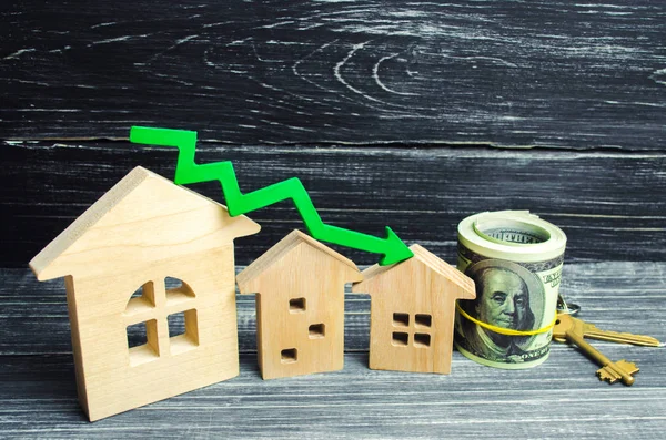 houses with green arrow down. a decline in property prices. low energy efficiency, falling interest on the mortgage. reduction in demand for the purchase of housing. low prices for public utilities.