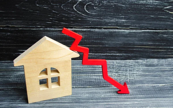 房地产价格的下降 人口减少 对抵押贷款的利息下降 减少购买住房的需求 能效低 公用事业价格低廉 向下箭头 — 图库照片