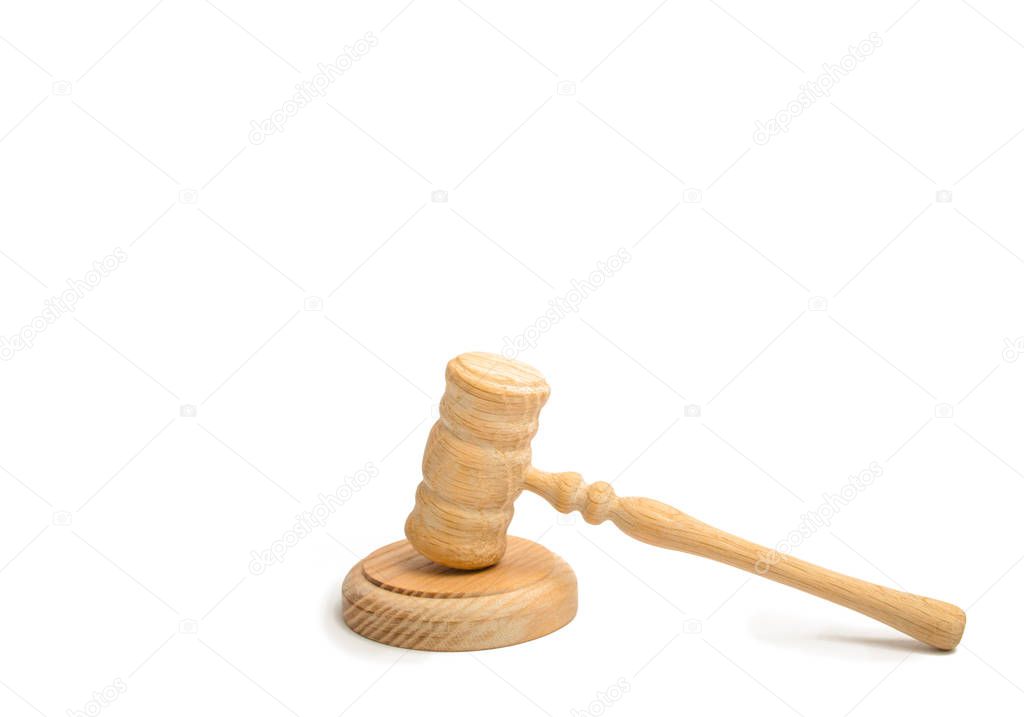 Wooden judge hammer on a white background. The concept of the court and court cases. Lawyers and prosecutors. Assistance and protection of interests in judicial sitting. Judge. The judicial system.