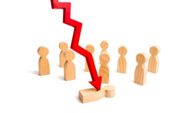 Kırmızı ok bir kalabalığın önünde kişi cleaves. Psikolojik baskı kavramı. Ekonomik kriz, düşen özlü sözler ve piyasada çöküşü kurbanı. Güvenlik açığı bulunan kişi