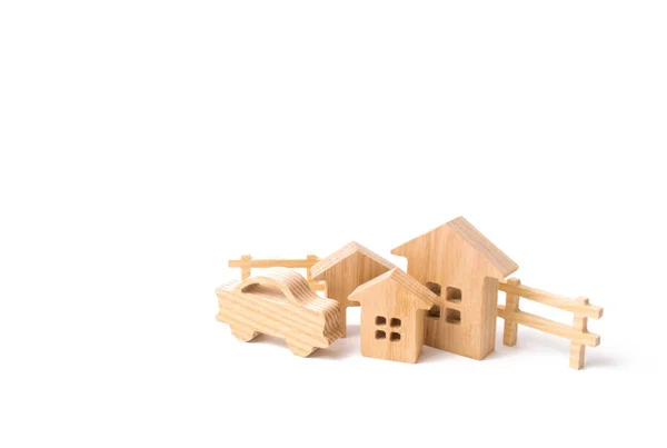 Dřevěné Domy Auta Bílém Pozadí Pojem Majetek Budovy Nákup Prodej — Stock fotografie