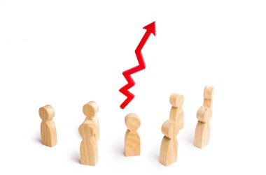 Bir grup insan ve yukarı kırmızı bir ok. Artan talebi işçi ve profesyoneller için kavramı. İstatistikler. Pozitif büyüme iş ve su kuyusu-varlık verimliliği artış göstergeler