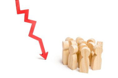 Bir grup insan ve aşağı kırmızı bir ok. Düşen kavramı işçiler ve profesyoneller için talebi. İstatistiksel veri. Sosyal göstergeler yıkılışı. Bozulması, yoksullaşma.