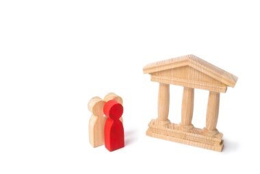 Bir banka ya da hükümet binası yakınındaki grup stand Başkanı kırmızı adam. Yönetim, bankacılık sektöründe iş. Turistler tarih ve kültür anıtları ziyaret edin. Güzel antika stili oluşturma.