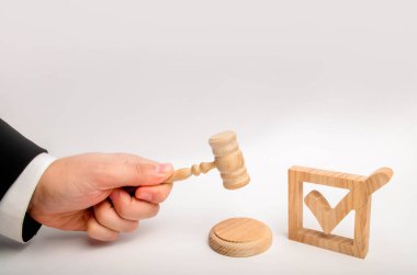 Bir yargıç, bir Anayasa Mahkemesi seçim atanması. Hükümet seçimleri üzerinde kontrol. Ahşap onay işareti ve bir çekiç hakimin beyaz zemin üzerinde. referandum ve seçimler.