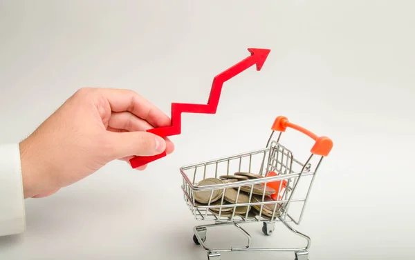 一个商人的手 用红色箭头指着一辆手推车上的硬币 经济增长的概念 购买力的上升 通货膨胀 互联网商务 — 图库照片