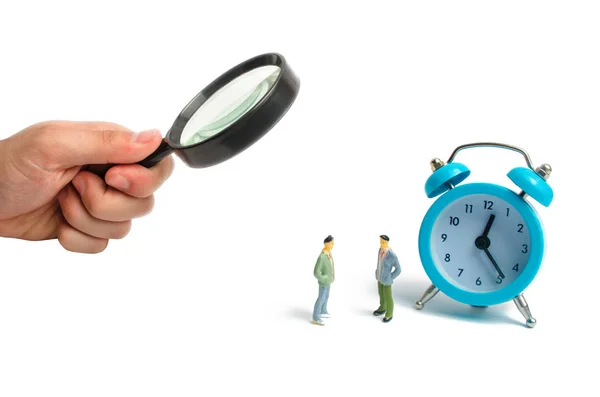 Two Men Stand Blue Alarm Clock Talk Concept Waiting Meeting — Stock Photo, Image