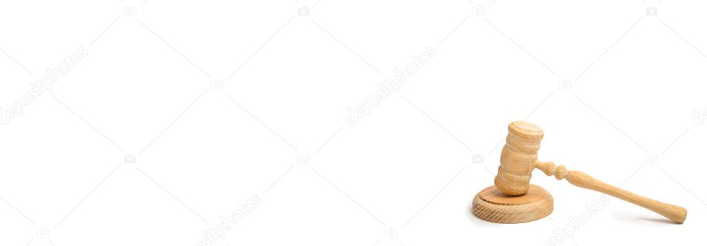 Wooden judge hammer on a white background. court cases. Lawyers and prosecutors. Assistance and protection of interests in judicial sitting. Judge. The judicial system. banner Place for text copyspace