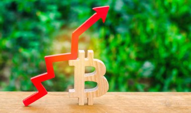 bitcoin maliyetini artırır. Kripto-döviz piyasasının büyüme. Blockchain teknoloji. yukarı ahşap işareti bitcoin ve kırmızı ok