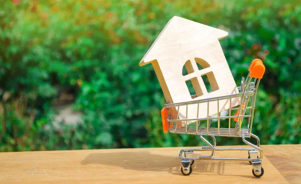 Property investment and house mortgage financial concept. buying, renting and selling apartments. real estate. Wooden house in a Supermarket trolley. credit, affordable housing for young families.