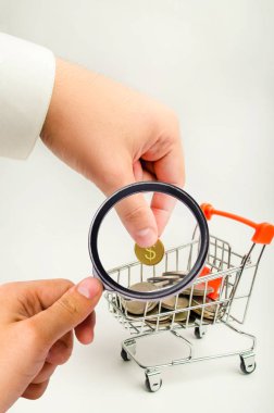 Bir işadamı para ile bir süpermarket arabası bir doları para koyar. birikimi başkenti, kar artırmak. kaydetme. yatırım da yeni bir proje, katkıları. kumbara