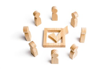 İnsanlar bir daire içinde standı ve kutuya onay işareti bakın. seçim, anket veya referandum. Anket insanlar. Seçmenler parlamento ya da Başkan, ekip çalışması, seçimlerde katılmak. Seçici odak